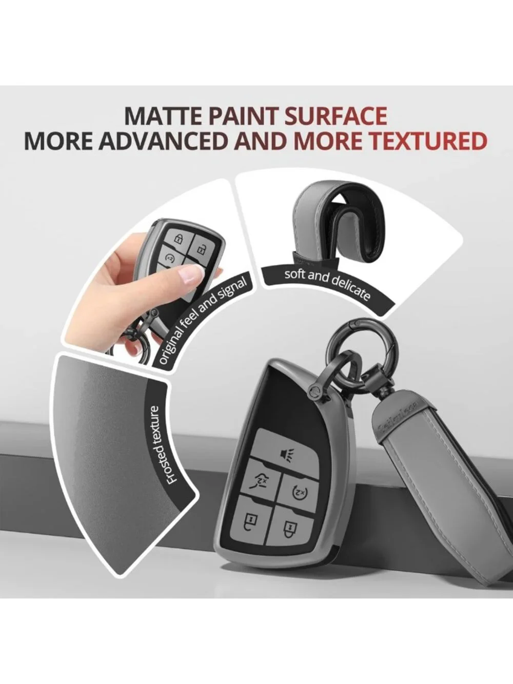 Matte TPU Key Fob Cover with Leather Keychain for Chevy GMC - 5 Button Accessory
